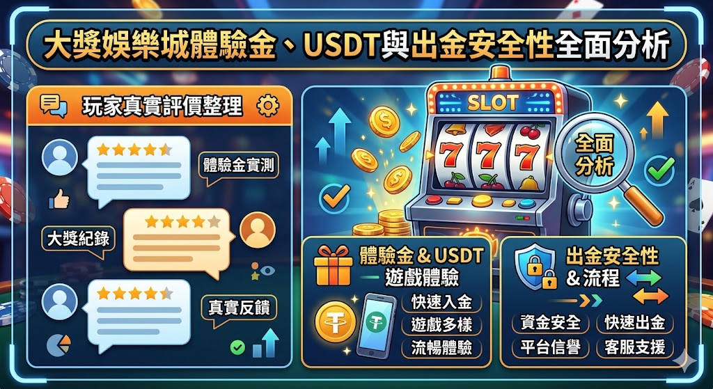 根據眾多資深玩家的真實反饋，大獎娛樂城在出金穩定性與資金安全上建立了良好的口碑。玩家普遍指出，該平台提供的「體驗金」制度透明且門檻合理，只要達成指定的有效流水，即可順利將試玩獲利轉化為實際提款。在金流渠道方面，大獎娛樂城大力推廣 USDT 加密貨幣存提，這不僅確保了交易的極致隱私性，更有效規避了傳統銀行轉帳可能面臨的凍結風險，到帳速度亦優於同業平均水準。安全性分析顯示，平台透過 SSL 金融級加密技術與多重風控審核，確保每位玩家的資產與個資不外洩。綜合真實評價來看，大獎娛樂城在「快速到帳、安全支付、公平優惠」三大核心指標上表現優異，成為注重提款效率與加密交易安全性的玩家之首選平台。