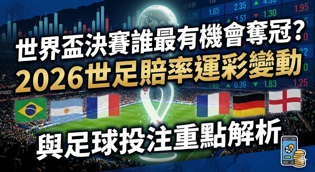 這篇運彩世界盃熱門玩法總整理,一篇文章帶您從世足賠率運彩趨勢到決賽投注策略一次完美掌握!由資深運彩專家親自坐鎮,深度拆解全新48隊擴軍賽制下的亞洲讓分、大小球、不讓分獨贏及正確波膽等台彩與國際核心盤口,教您如何透過豪強的最新戰術陣型、明星球員傷兵名單與國際盤口水位變動規律來尋找高勝率破綻。結合科學化的資金控管、過關串關與業界高手的下半場滾球走地、決賽對沖鎖利心法,幫助您在四年一度的全球足球盛宴中完美避開莊家陷阱、大幅提升贏錢中獎率,不論您是新手還是老玩家,這篇必讀的2026世足下注攻略都將是您引領資產翻倍的致富關鍵!